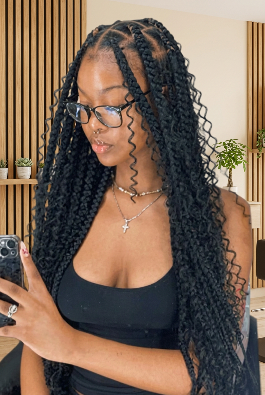 Client wearing large bohemian knotless braids