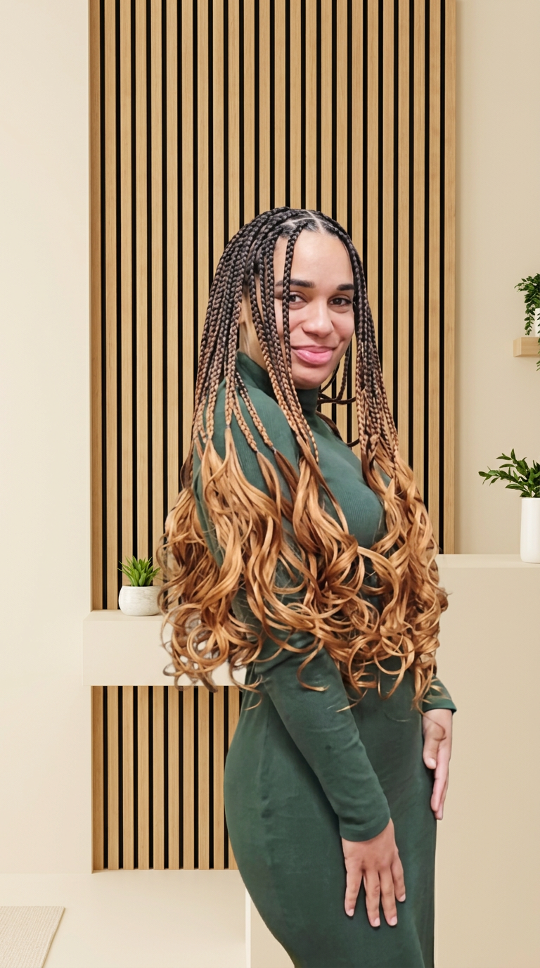 Client wearing small medium French curl braids