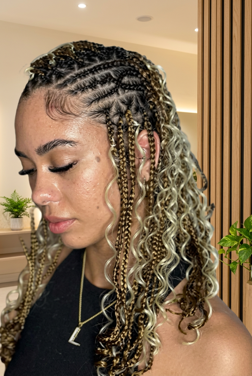 Client wearing a Fulani flip over braided style
